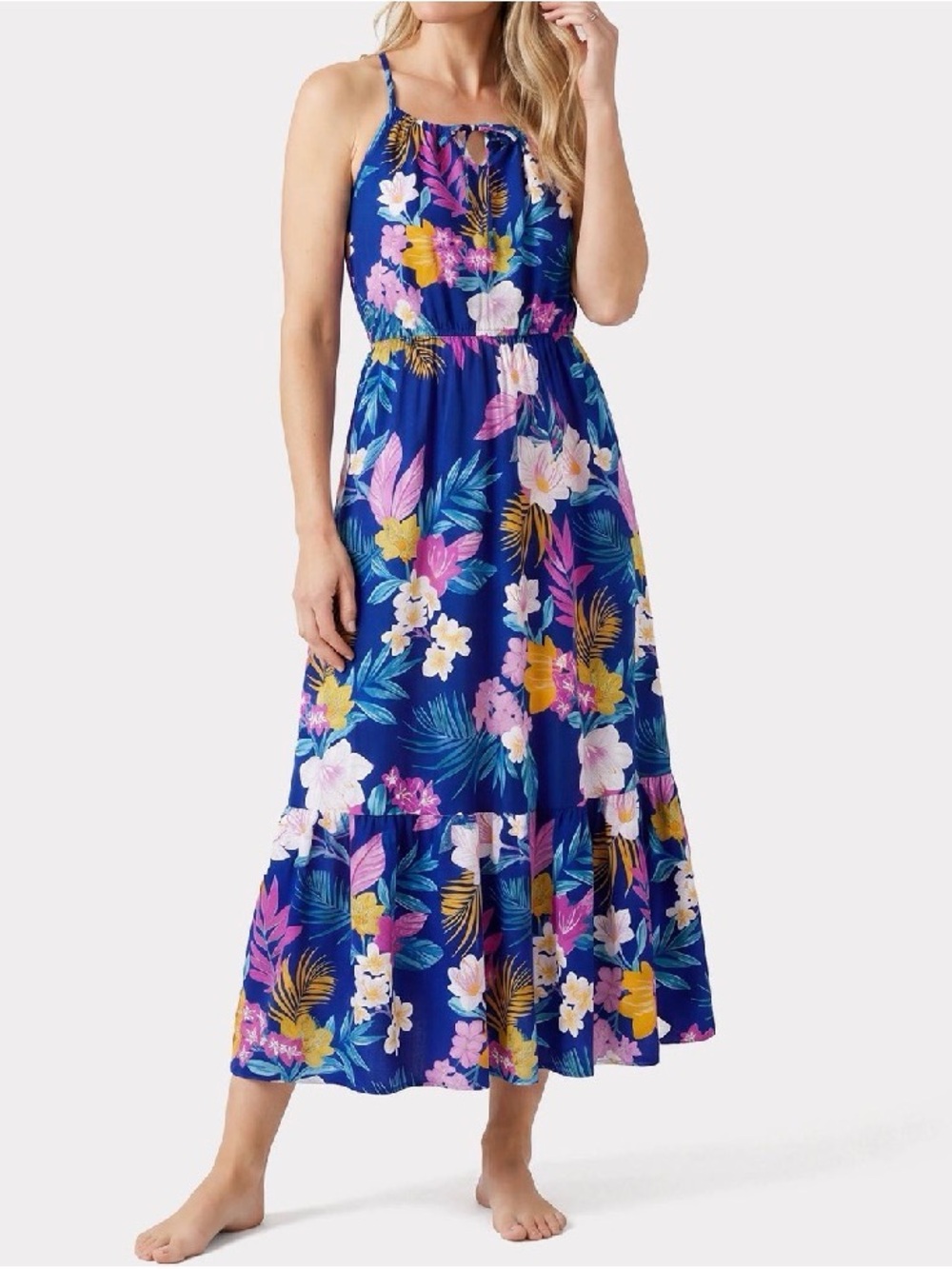 PatPat Women Blue Floral Halte Maxi Dress with Pink & Yellow, Size M